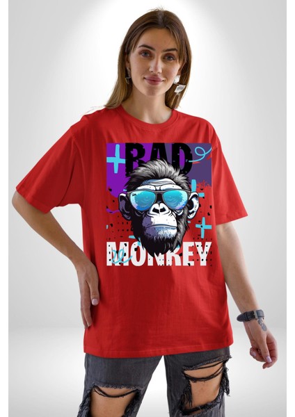 Kötü Maymun Güneş Gözlüklü Grafik Baskılı Pamuklu Penye Kadın Erkek Kırmızı Tişört indirimleri