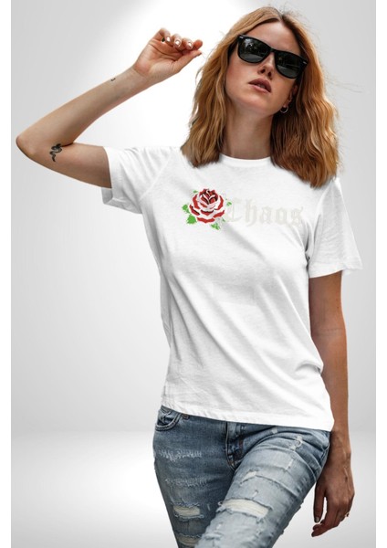 Kırmızı Gül Kaos Grafik Baskılı Pamuklu Penye Kadın Erkek Beyaz Tişört fırsatları