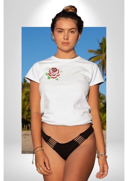 Kırmızı Gül Kaos Grafik Baskılı Pamuklu Penye Kadın Erkek Beyaz Tişört indirimleri
