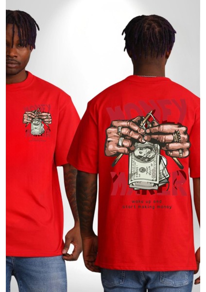 Uyan ve Para Kazanmaya Başla Sokak Style Cep Sırt Baskılı Pamuklu Penye Kadın Erkek Kırmızı Tişört