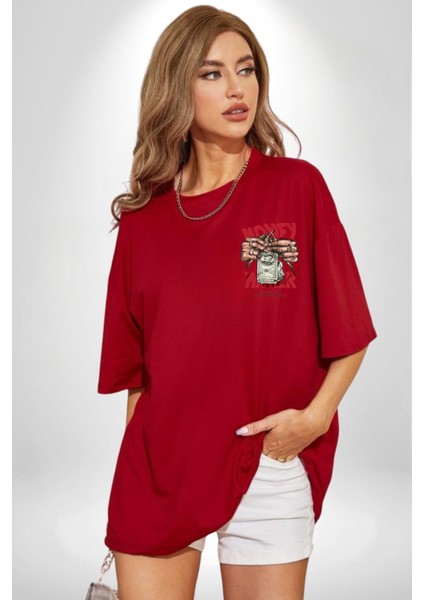 Uyan ve Para Kazanmaya Başla Sokak Style Cep Sırt Baskılı Pamuklu Penye Kadın Erkek Kırmızı Tişört fiyatları