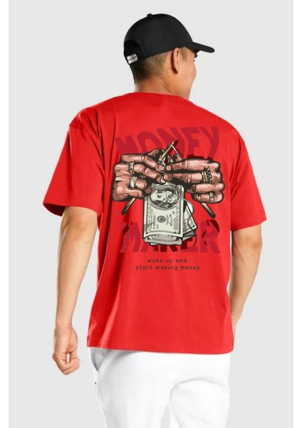 Uyan ve Para Kazanmaya Başla Sokak Style Cep Sırt Baskılı Pamuklu Penye Kadın Erkek Kırmızı Tişört modelleri