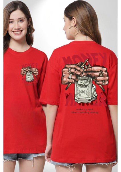 Uyan ve Para Kazanmaya Başla Sokak Style Cep Sırt Baskılı Pamuklu Penye Kadın Erkek Kırmızı Tişört fırsatları