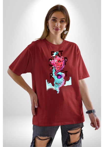 Space Party Astronaut Absürt Neon Renkli Uzay Grafik Baskılı Pamuklu Penye Kadın Erkek Kırmızı Tişört