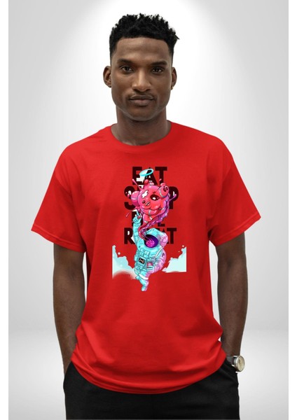 Space Party Astronaut Absürt Neon Renkli Uzay Grafik Baskılı Pamuklu Penye Kadın Erkek Kırmızı Tişört fiyatları