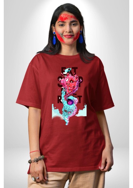 Space Party Astronaut Absürt Neon Renkli Uzay Grafik Baskılı Pamuklu Penye Kadın Erkek Kırmızı Tişört fırsatları