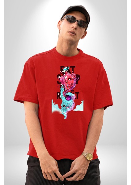 Space Party Astronaut Absürt Neon Renkli Uzay Grafik Baskılı Pamuklu Penye Kadın Erkek Kırmızı Tişört indirimleri