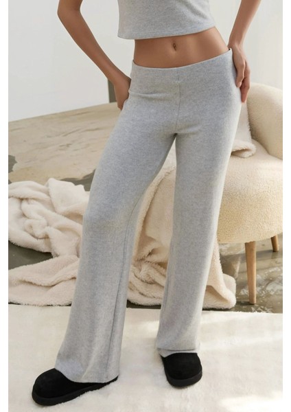 Kadın Elastik Bel Yumuşak Dokulu Örme Pantolon Açık Gri