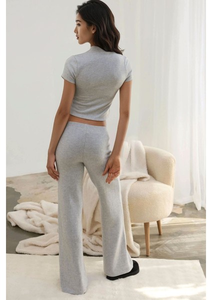 Kadın Elastik Bel Yumuşak Dokulu Örme Pantolon Açık Gri fiyatları