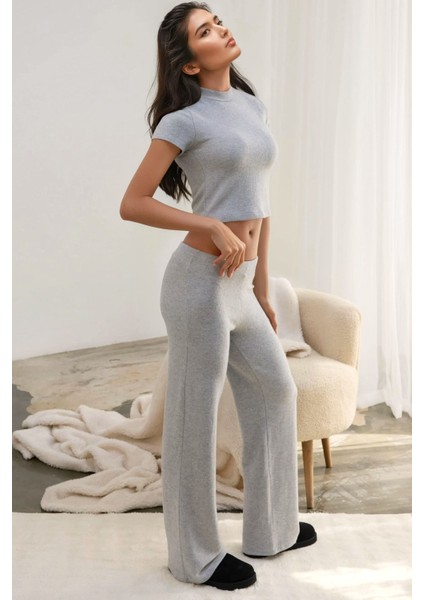 Kadın Elastik Bel Yumuşak Dokulu Örme Pantolon Açık Gri modelleri