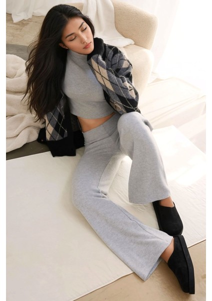 Kadın Elastik Bel Yumuşak Dokulu Örme Pantolon Açık Gri