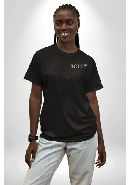 Jolly Neşeli Yazılı Minimal Cep Baskılı Pamuklu Penye Kadın Erkek Siyah Tişört fırsatları