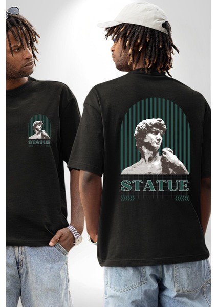 Statü Davut Heykeli Cep Sırt Baskılı Pamuklu Penye Kadın Erkek Siyah Tişört