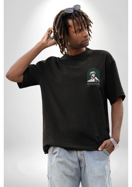 Statü Davut Heykeli Cep Sırt Baskılı Pamuklu Penye Kadın Erkek Siyah Tişört modelleri
