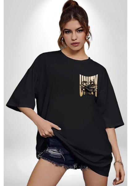 Yapay Zeka Gül Yılan Altın Siyah Gül 3D Minimal Cep Baskılı Pamuklu Penye Kadın Erkek Siyah Tişört