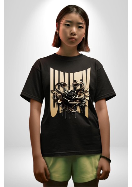 Yapay Zeka Gül Yılan Altın Siyah Gül 3D Grafik Baskılı Pamuklu Penye Kadın Erkek Siyah Tişört