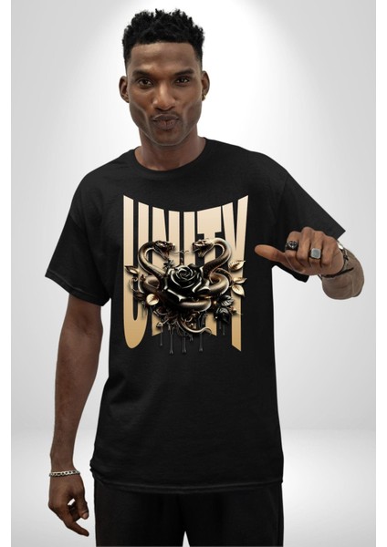 Yapay Zeka Gül Yılan Altın Siyah Gül 3D Grafik Baskılı Pamuklu Penye Kadın Erkek Siyah Tişört fiyatları