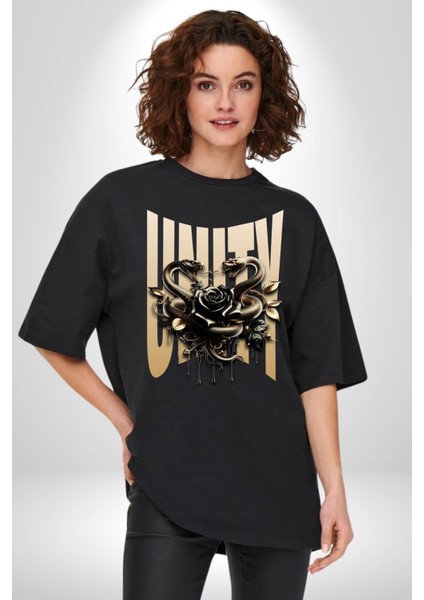 Yapay Zeka Gül Yılan Altın Siyah Gül 3D Grafik Baskılı Pamuklu Penye Kadın Erkek Siyah Tişört modelleri