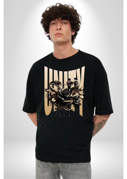 Yapay Zeka Gül Yılan Altın Siyah Gül 3D Grafik Baskılı Pamuklu Penye Kadın Erkek Siyah Tişört fırsatları
