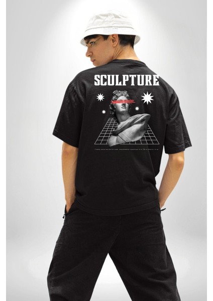 Michelagelo Modern Apollo Heykel Sokak Style Sırt Baskılı Pamuklu Penye Kadın Erkek Siyah Tişört modelleri