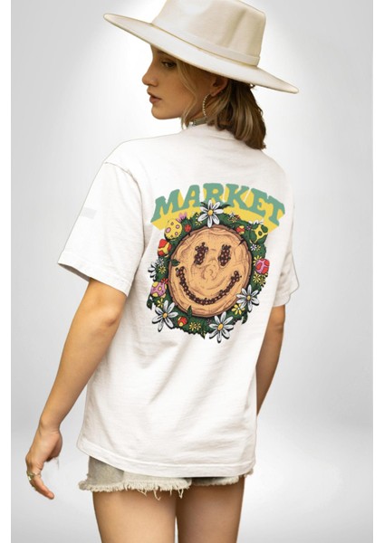Gülen Market Ağaç Çiçek Mantar Sırt Baskılı Pamuklu Penye Kadın Erkek Beyaz Tişört