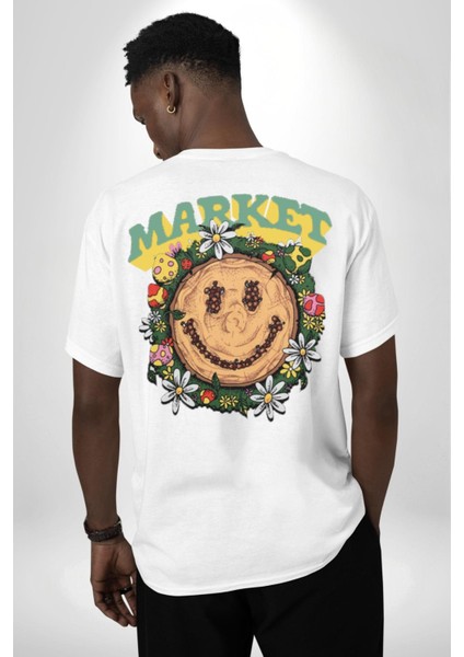 Gülen Market Ağaç Çiçek Mantar Sırt Baskılı Pamuklu Penye Kadın Erkek Beyaz Tişört fiyatları
