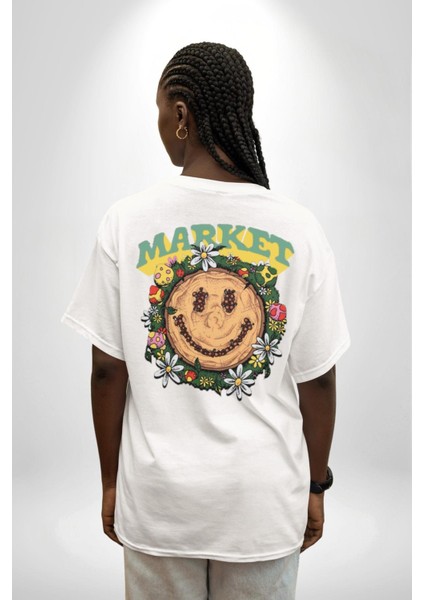 Gülen Market Ağaç Çiçek Mantar Sırt Baskılı Pamuklu Penye Kadın Erkek Beyaz Tişört modelleri