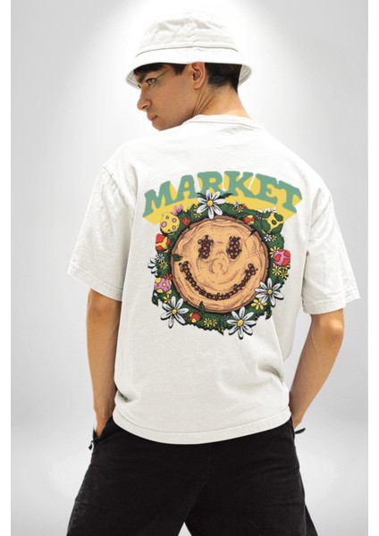 Gülen Market Ağaç Çiçek Mantar Sırt Baskılı Pamuklu Penye Kadın Erkek Beyaz Tişört fırsatları