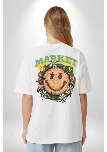Gülen Market Ağaç Çiçek Mantar Sırt Baskılı Pamuklu Penye Kadın Erkek Beyaz Tişört indirimleri