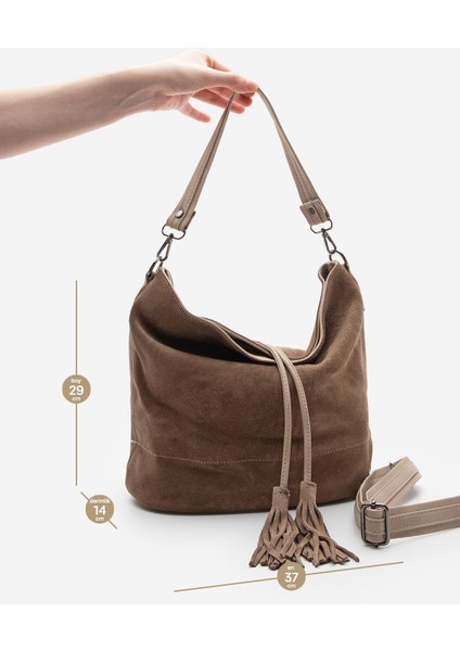 Kadın Hakiki Deri Püsküllü El ve Omuz Çantası Olven