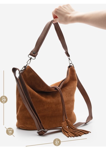 Kadın Hakiki Deri Püsküllü El ve Omuz Çantası Olven Taba Süet indirimleri