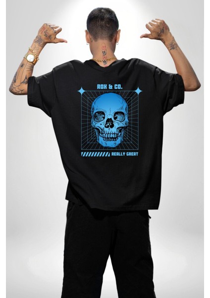 Sokak Sitili Kurukafa Sırt Baskılı Pamuklu Penye Kadın Erkek Siyah Tişört