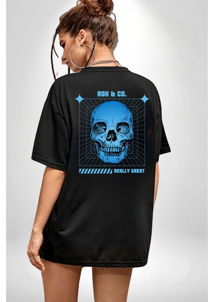 Sokak Sitili Kurukafa Sırt Baskılı Pamuklu Penye Kadın Erkek Siyah Tişört fırsatları