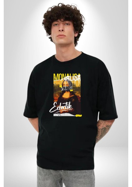 Monalisa Elektrik Özel Yapay Zeka Tasarımı Grafik Baskılı Pamuklu Penye Kadın Erkek Siyah Tişört