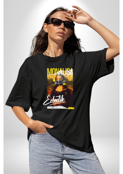 Monalisa Elektrik Özel Yapay Zeka Tasarımı Grafik Baskılı Pamuklu Penye Kadın Erkek Siyah Tişört fiyatları