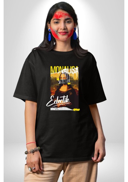 Monalisa Elektrik Özel Yapay Zeka Tasarımı Grafik Baskılı Pamuklu Penye Kadın Erkek Siyah Tişört modelleri