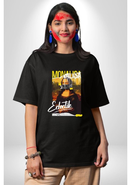 Monalisa Elektrik Özel Yapay Zeka Tasarımı Grafik Baskılı Pamuklu Penye Kadın Erkek Siyah Tişört indirimleri