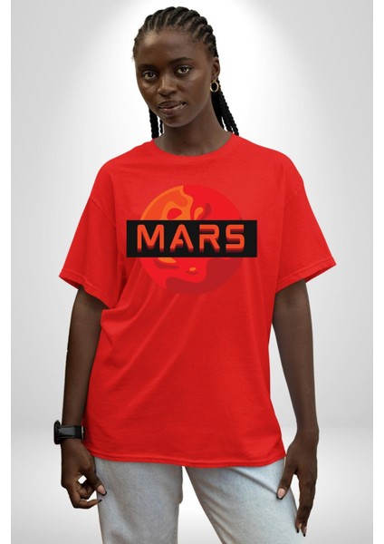 Mars Gezegen Grafik Baskılı Pamuklu Penye Kadın Erkek Kırmızı Tişört