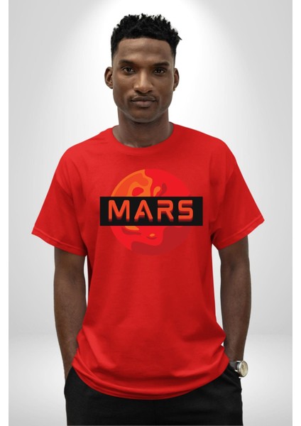 Mars Gezegen Grafik Baskılı Pamuklu Penye Kadın Erkek Kırmızı Tişört fırsatları