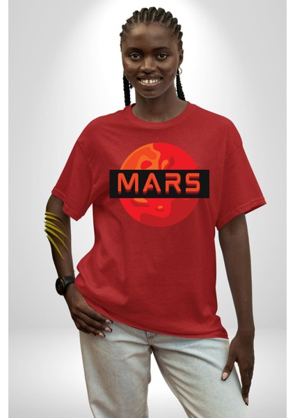 Mars Gezegen Grafik Baskılı Pamuklu Penye Kadın Erkek Kırmızı Tişört indirimleri