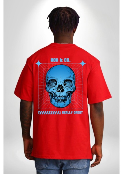 Sokak Sitili Kurukafa Sırt Baskılı Pamuklu Penye Kadın Erkek Kırmızı Tişört