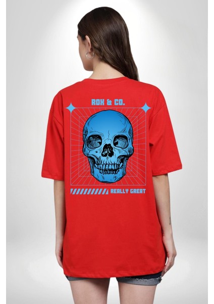 Sokak Sitili Kurukafa Sırt Baskılı Pamuklu Penye Kadın Erkek Kırmızı Tişört indirimleri