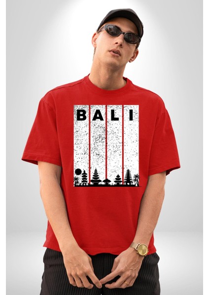 Bali Endonezya Grafik Baskılı Pamuklu Penye Kadın Erkek Kırmızı Tişört