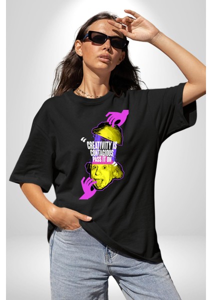 Einstein Retro Dil Çıkarma Devam Ettir Grafik Baskılı Pamuklu Penye Kadın Erkek Siyah Tişört