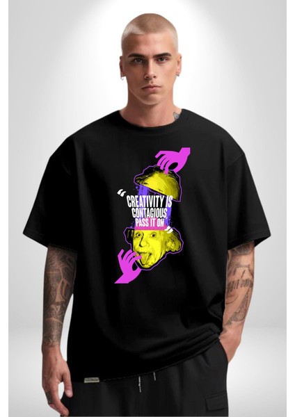 Einstein Retro Dil Çıkarma Devam Ettir Grafik Baskılı Pamuklu Penye Kadın Erkek Siyah Tişört modelleri