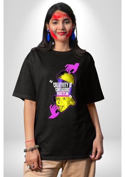 Einstein Retro Dil Çıkarma Devam Ettir Grafik Baskılı Pamuklu Penye Kadın Erkek Siyah Tişört fırsatları