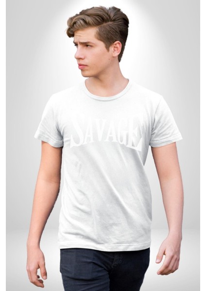 Vahşi Yazılı Grafik Baskılı Pamuklu Penye Kadın Erkek Beyaz Tişört