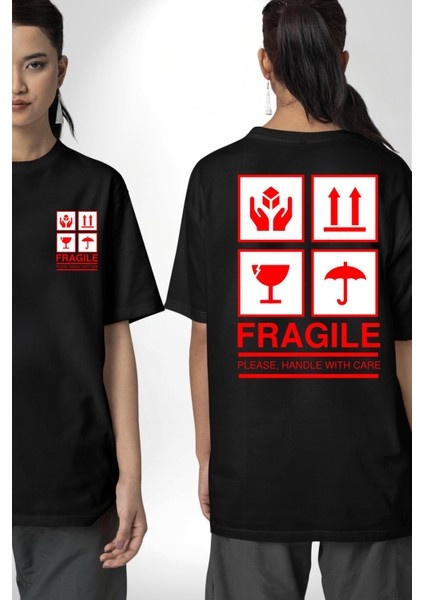 Kırılabilir - Dikkatli Taşıyınız Işareti Cep Sırt Baskılı Pamuklu Penye Kadın Erkek Siyah Tişört
