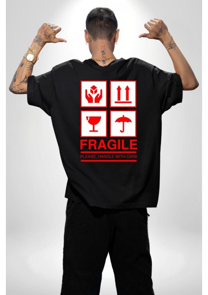 Kırılabilir - Dikkatli Taşıyınız Işareti Cep Sırt Baskılı Pamuklu Penye Kadın Erkek Siyah Tişört fiyatları