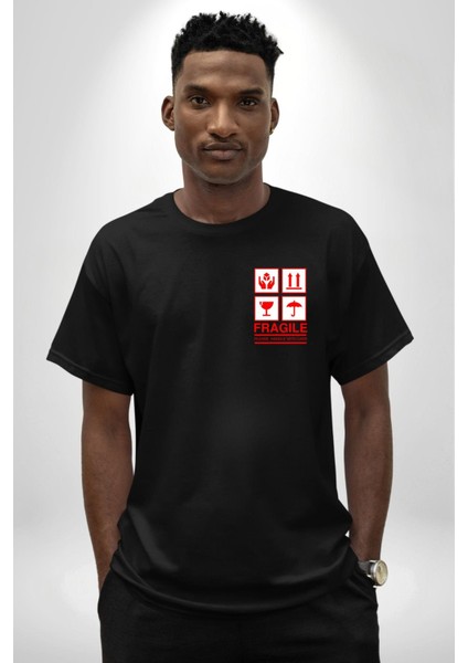 Kırılabilir - Dikkatli Taşıyınız Işareti Cep Sırt Baskılı Pamuklu Penye Kadın Erkek Siyah Tişört modelleri